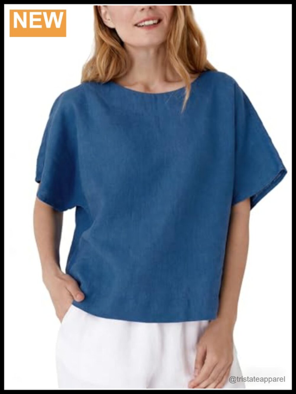 Women's Linen Blend Split Boat Neck Loose Fit Batwing Sleeve Blouse
